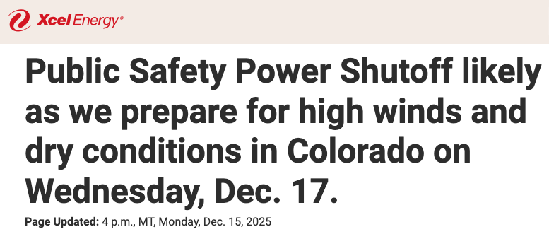 XCel Energy Power Shutoff December 17, 2025
